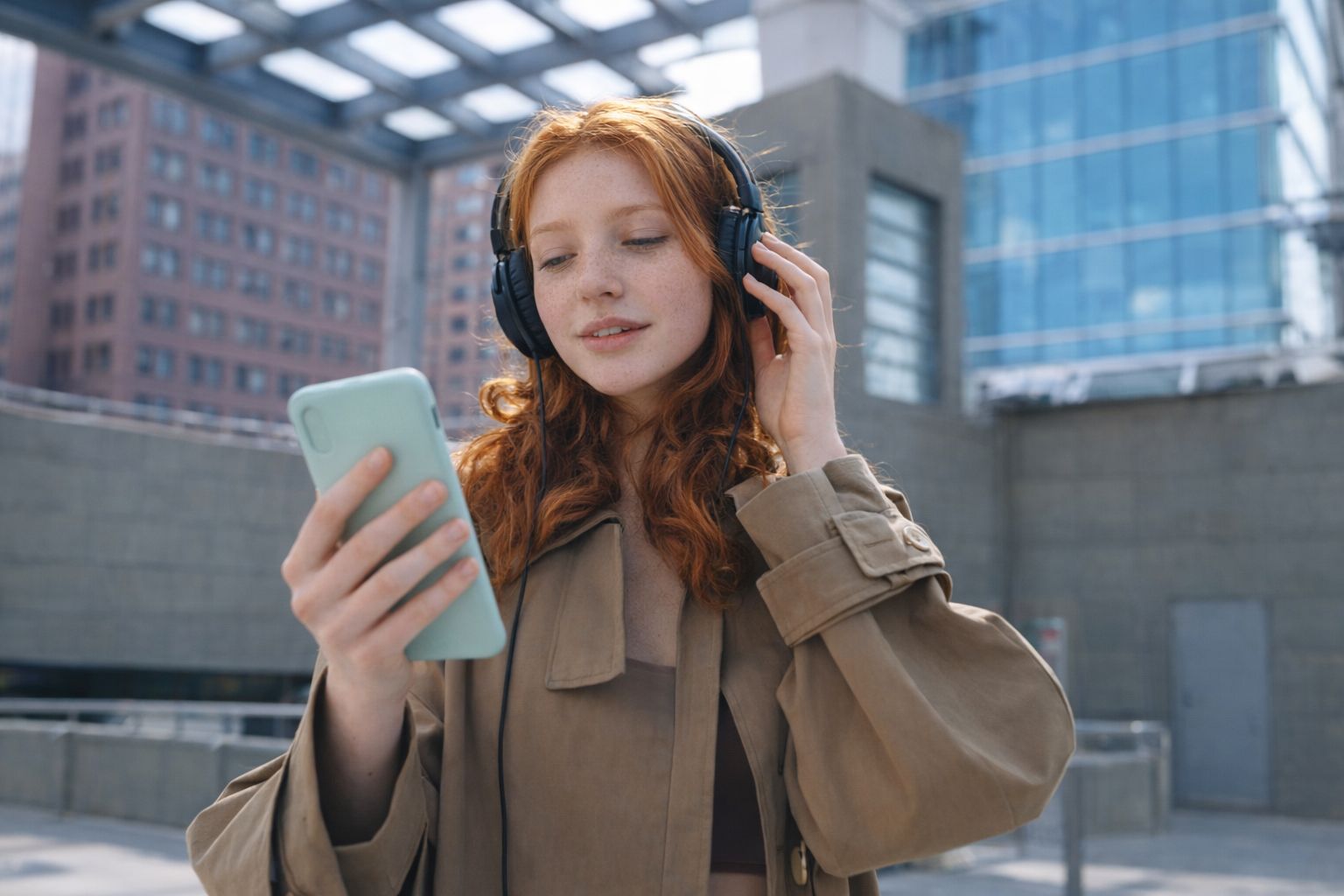 Une adolescente rousse écoute de la musique avec son casque et son smartphone en ville.